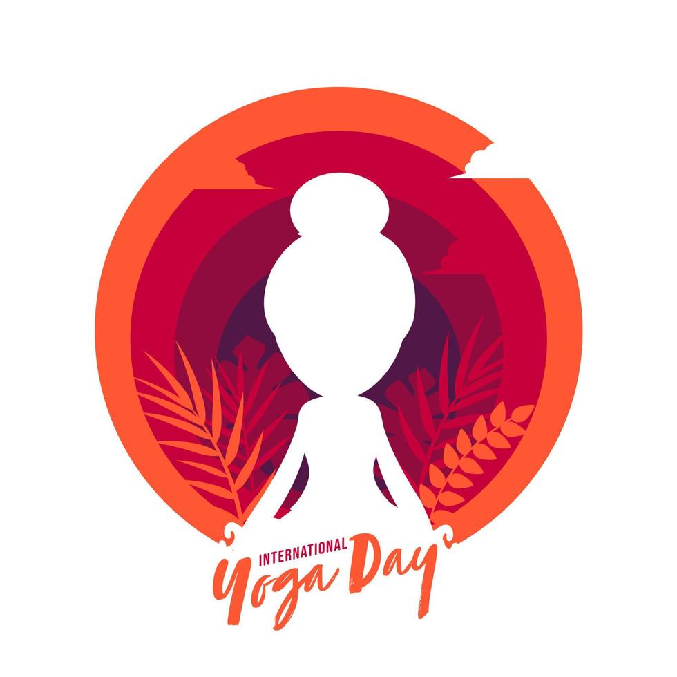 International Yoga Day Concept with Silhouette Girl Meditating in Lotus Pose on Abstract Nature View Background. vector