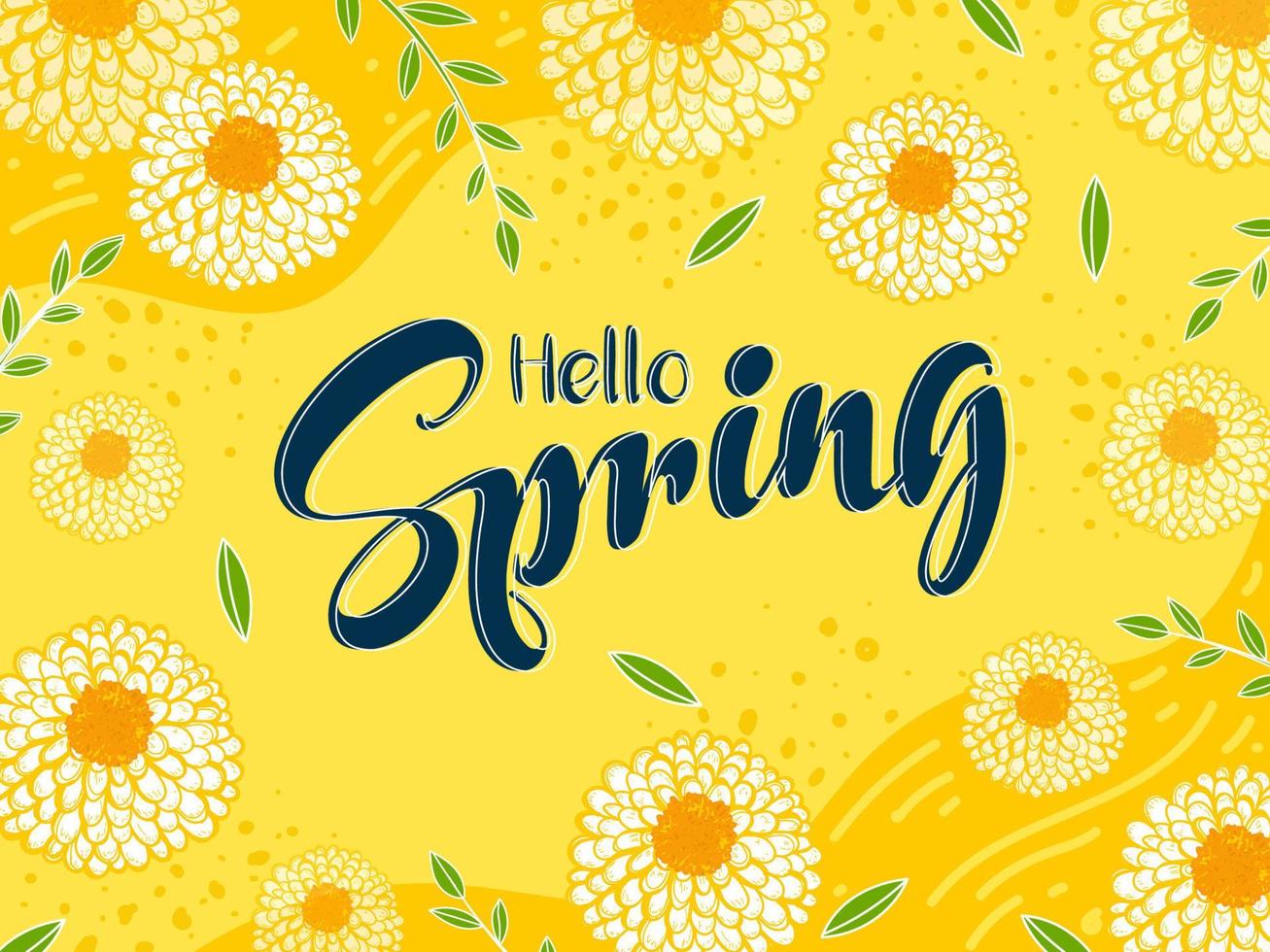 Hello Spring Font on Yellow Background Decorated with Dahlia Flower and Leaves. vector