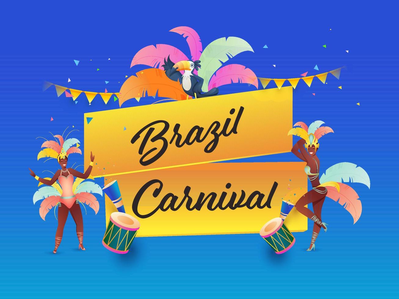 Brasil carnaval celebracion concepto con samba bailarín personaje, tambor instrumentos, fiesta corchete y tucán pájaro en azul antecedentes. vector
