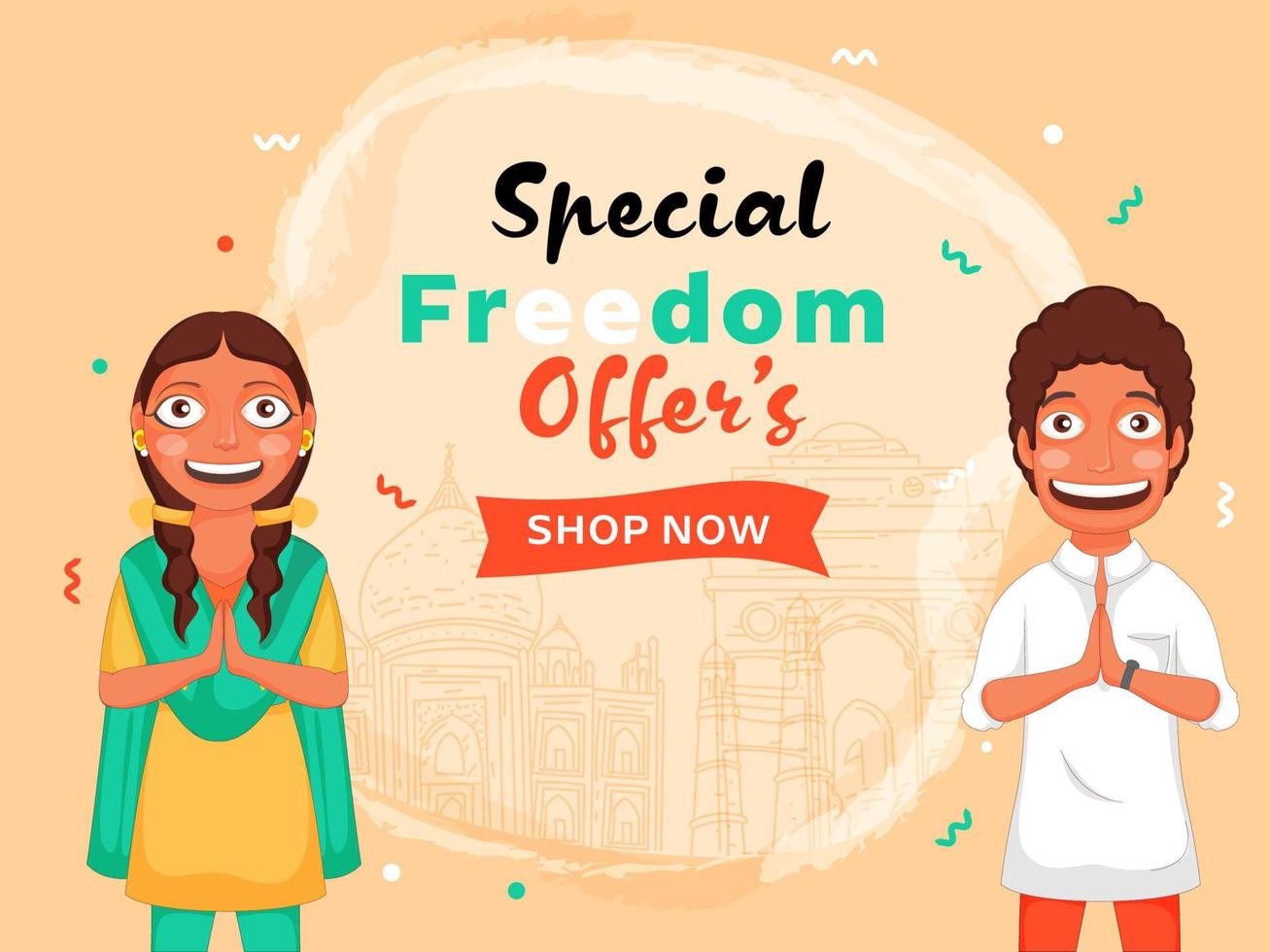Special Freedom Offer's Poster Design with India Famous Monument in Line Art, Cartoon Boy and Girl Doing Namaste on Abstract Background. vector