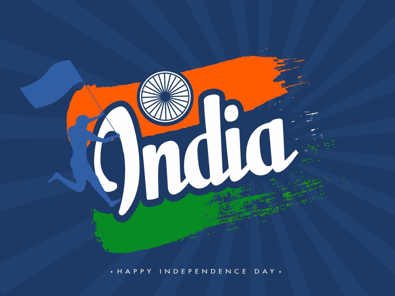 India Text with Ashoka Wheel, Silhouette Runner Man Holding Flag, Saffron and Green Brush Effect on Blue Rays Background for Happy Independence Day. vector