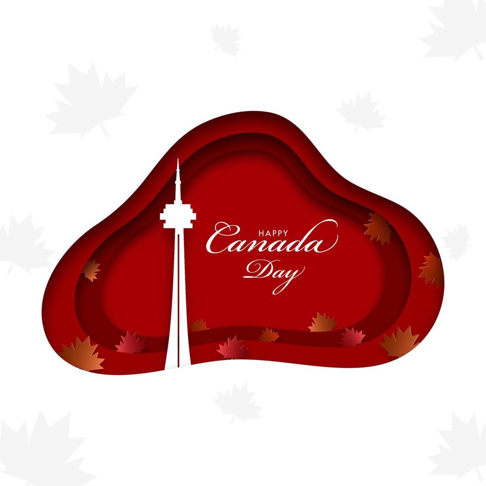 Red and White Paper Layer Cut Background Decorated Maple Leaves with CN Tower for Happy Canada Day Celebration. vector