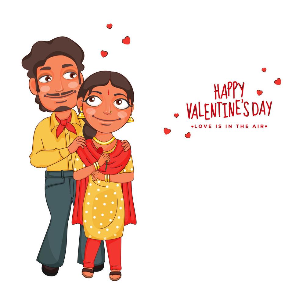 Loving Couple Character Standing on White Background for Happy Valentine's Day, Love is in the air concept. vector