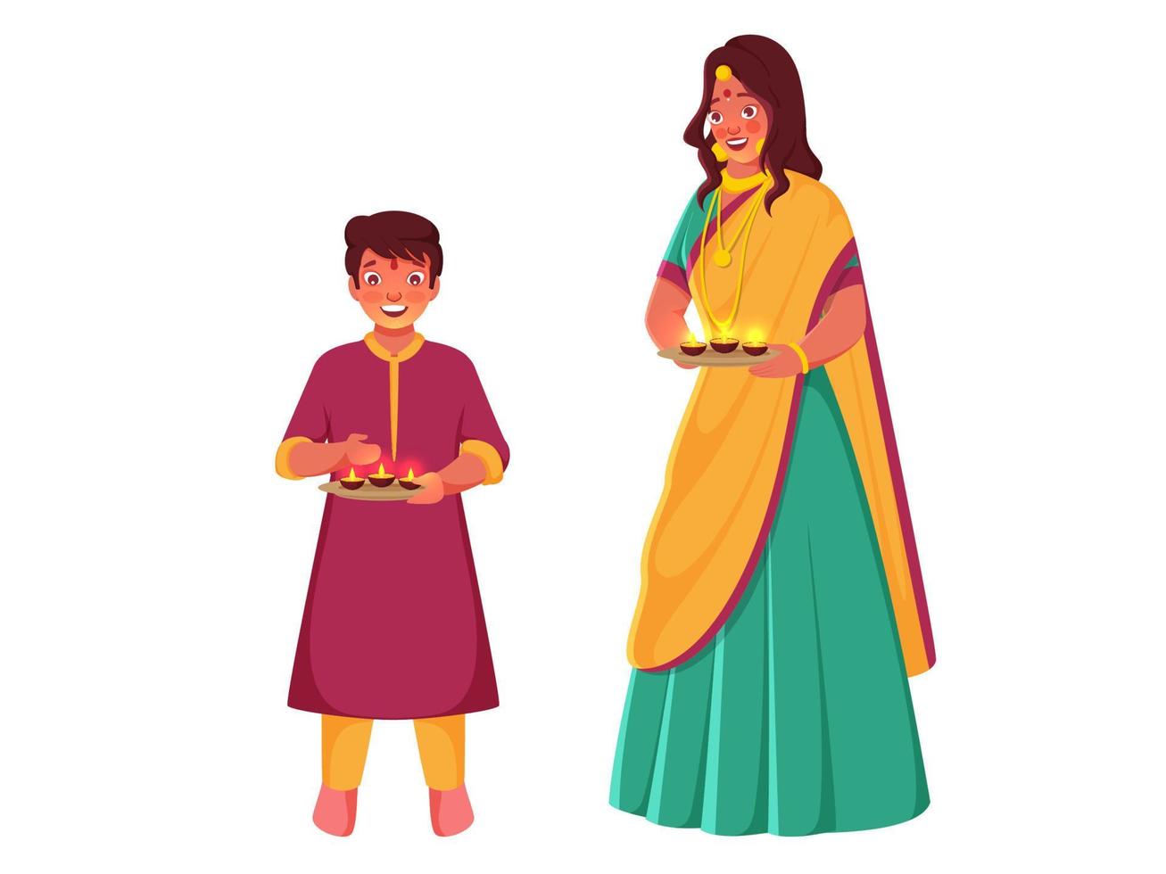 Indian Young Woman with Her Son Holding Plate of Lit Oil Lamps on White Background. vector