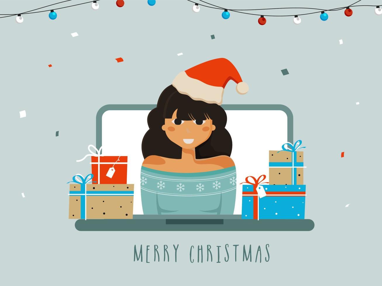 Young Girl Wearing Santa Hat With Gift Boxes On Laptop Screen For Merry Christmas Celebration. vector