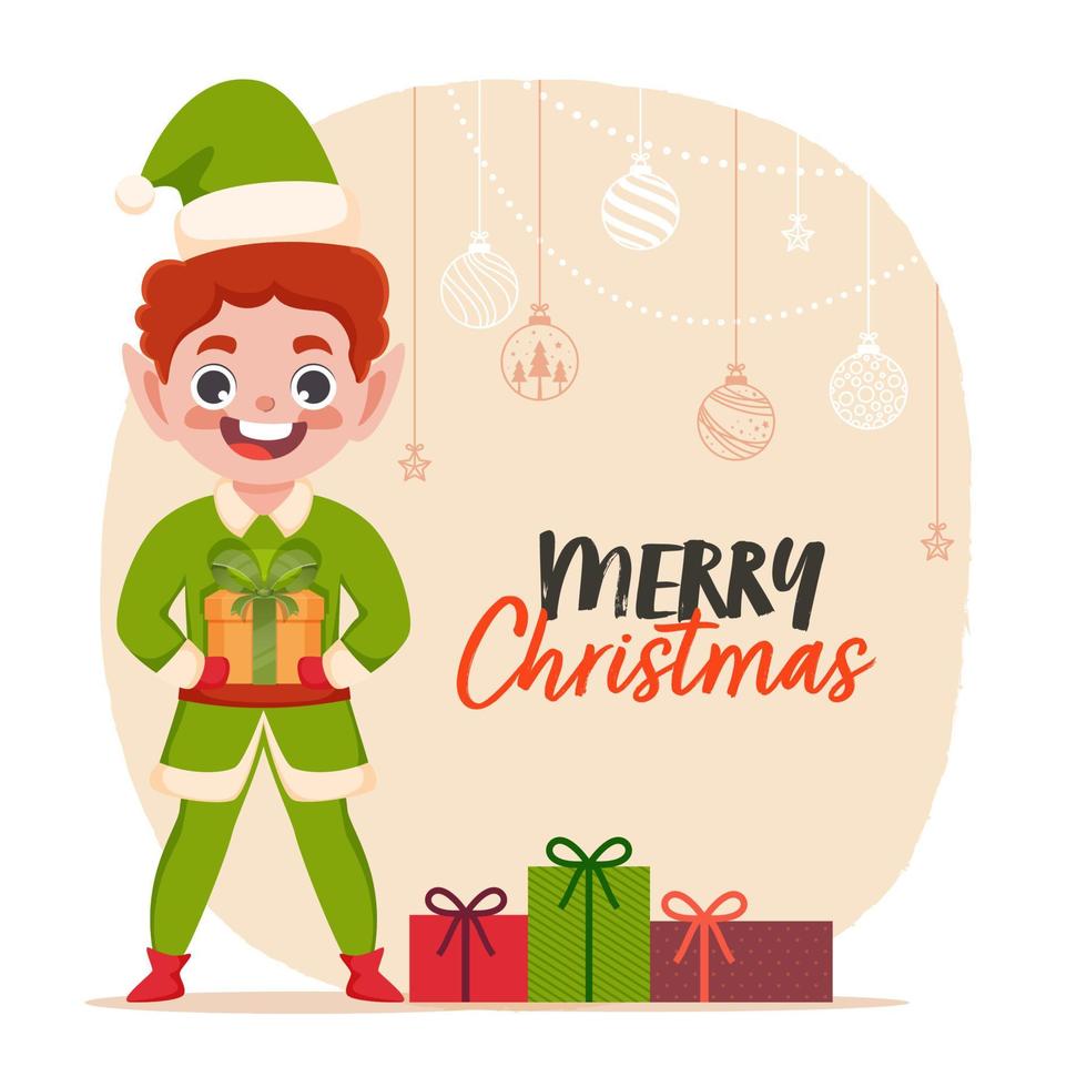 alegre duende personaje con regalo cajas, colgando adornos y estrellas decorado antecedentes para alegre Navidad. vector