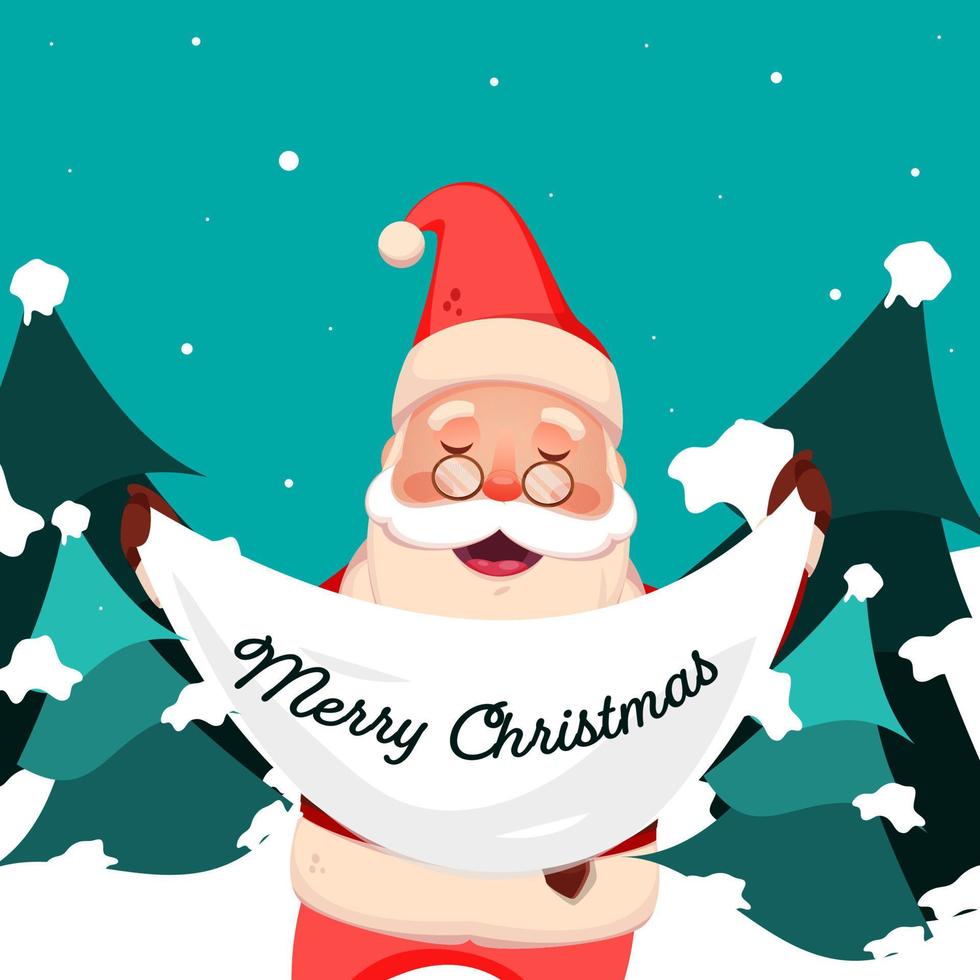 Cheerful Santa Claus Holding a White Cloth of Merry Christmas Text with Xmas Trees on Snowfall dark Turquoise Background. vector