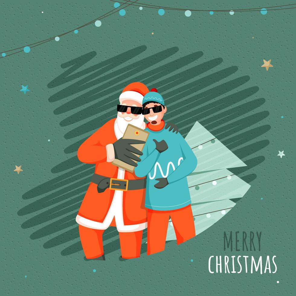 Illustration of Cheerful Santa Claus with Young Man Taking Selfie Together from Smartphone on Green Dots Pattern and Scribble Background. vector