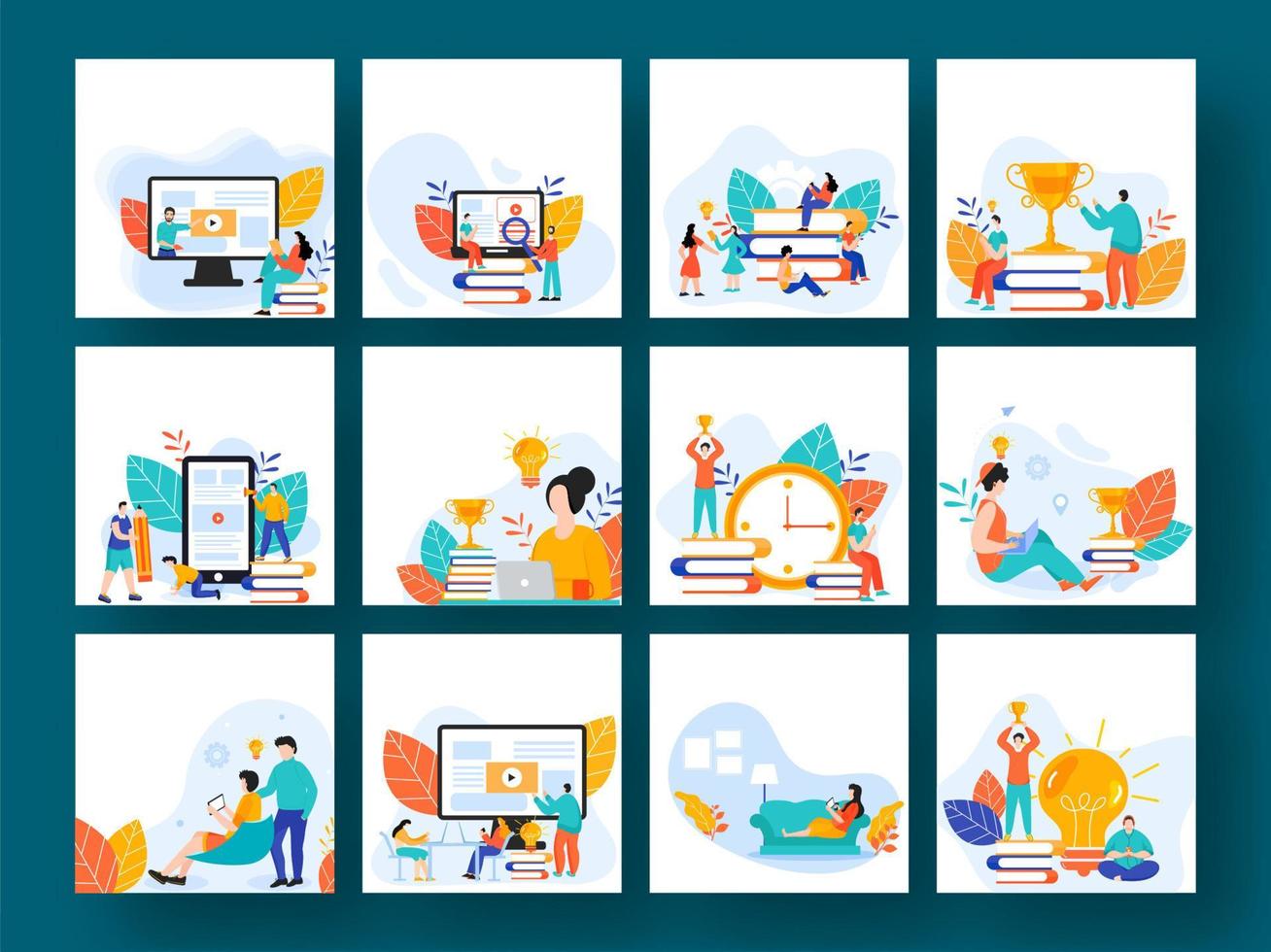 Online Education Learning or Reading from Digital Devices with Books and People Character in Different Option. vector