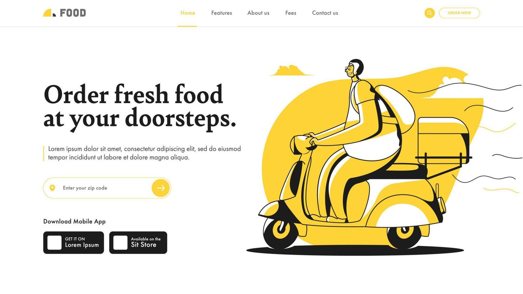 Landing Page Design with Delivery Man Riding Scooter and Package for Order Fresh Food At Your Doorstep. vector