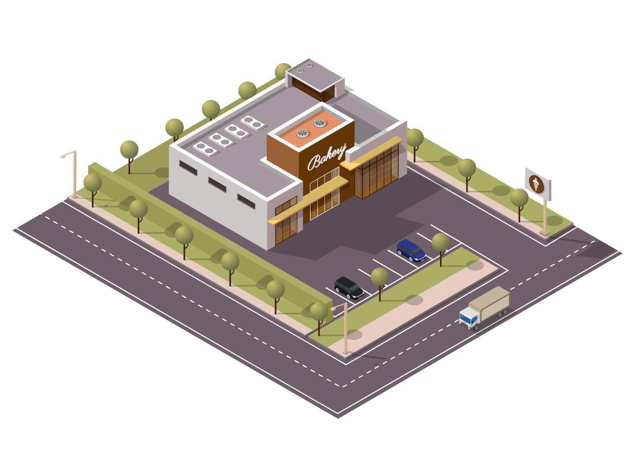 Isometric Bakery Shop with Car Parking Along Transport Street Background. vector