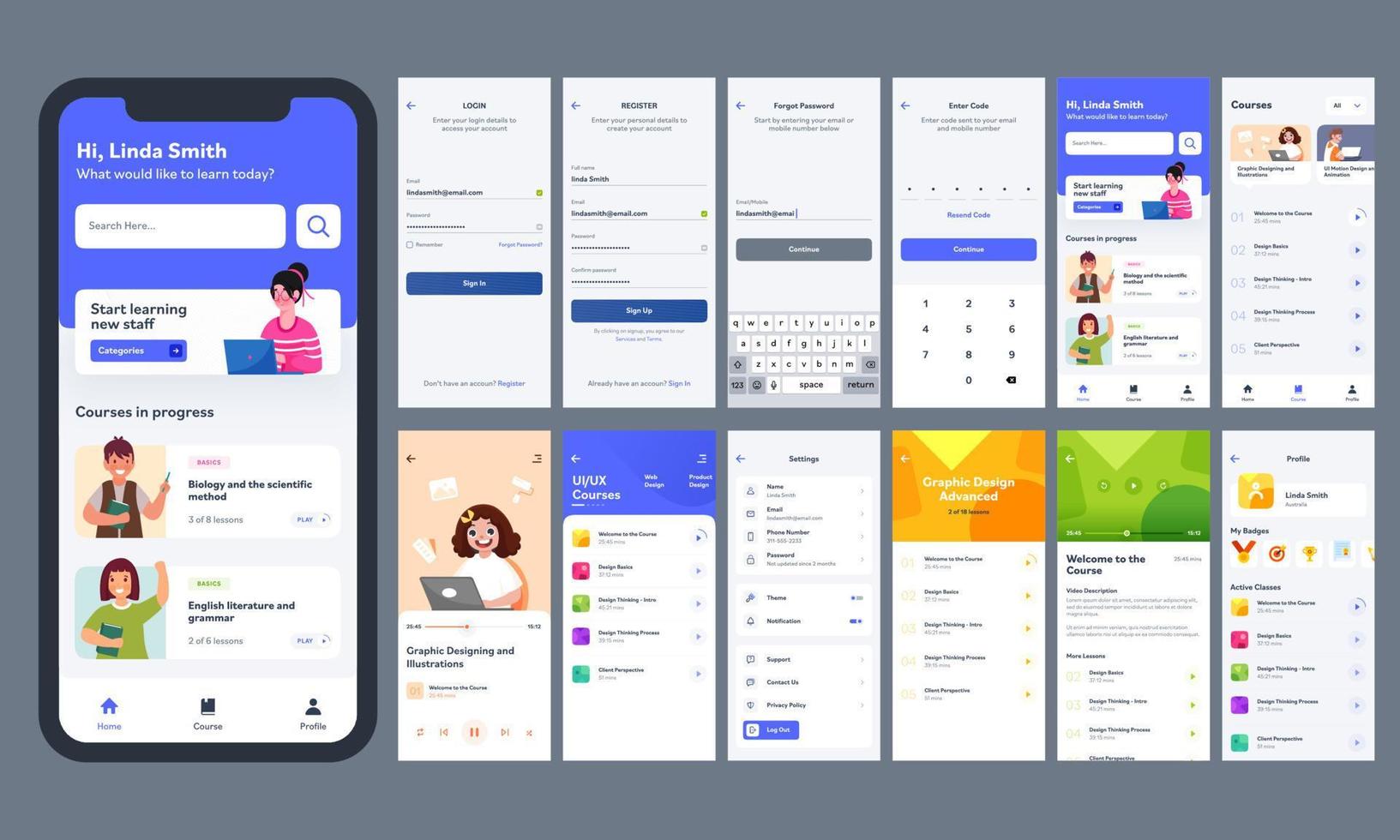 Online Learning Mobile App UI Kit With Different GUI Layout Including Log In, Create Account, Course Information Screen. vector