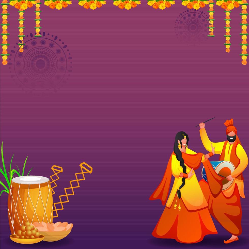 Cartoon Punjabi Couple Performing Bhagra Dance With Music Instruments, Sweet Bowls And Floral Garland On Purple Background. vector