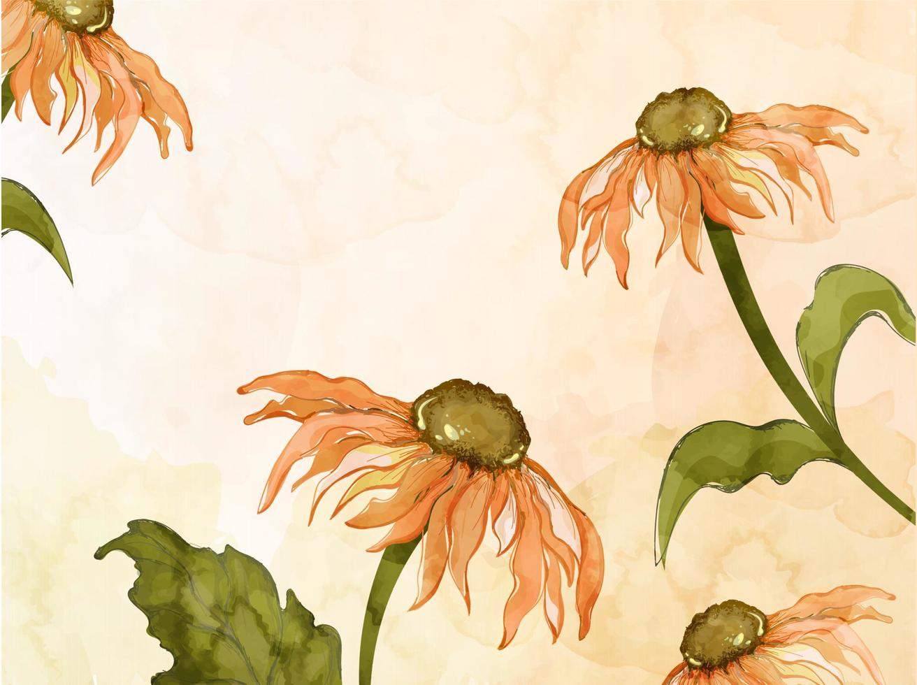 Creative Sunflowers with Leaves Decorated on Orange Watercolor Effect Background. vector