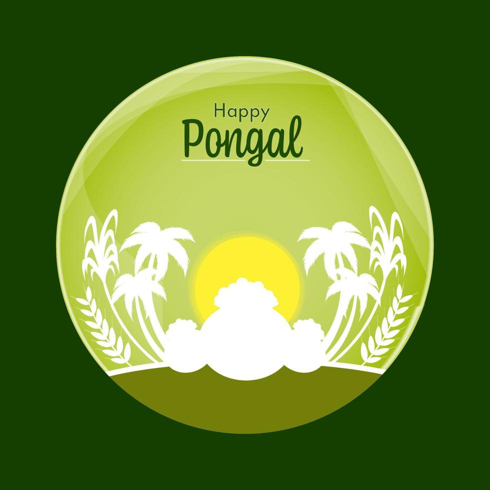 White Silhouette Dish Mud Pots With Palm Or Coconut Trees, Wheat Ear On Sunshine Green Background For Pongal Celebration. vector