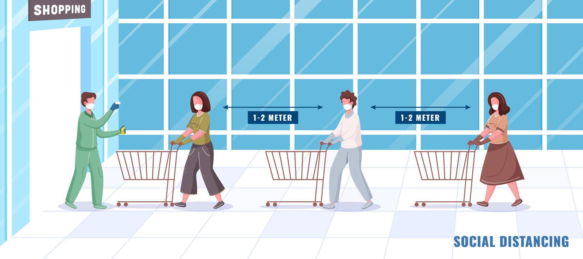 Checking Body Temperature Before Shopping And Sanitize People Maintaining Social Distance In Queue With Trolley. vector