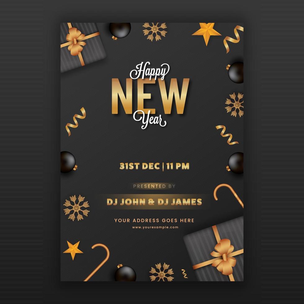 Happy New Year Party Flyer Or Template Design In Black And Golden Color. vector