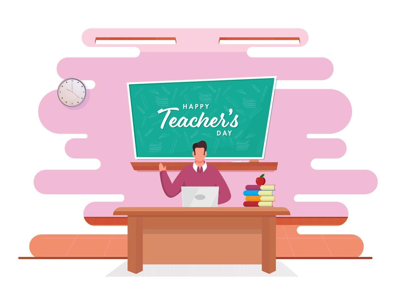 Faceless Teacher Teaching From Laptop with Happy Teachers Day Font on Green Chalkboard in Classroom. vector