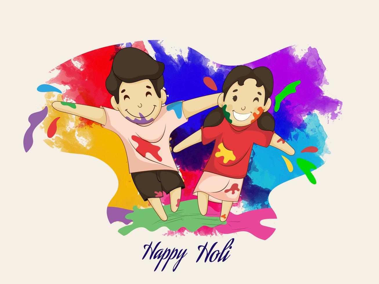 Happy Kids Enjoying or Playing with Colors on Watercolor Effect Background for Happy Holi Celebration. vector