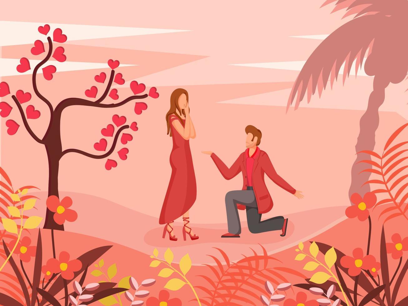 joven chico proponiendo a su Novia con amor árbol en hermosa naturaleza ver antecedentes. vector