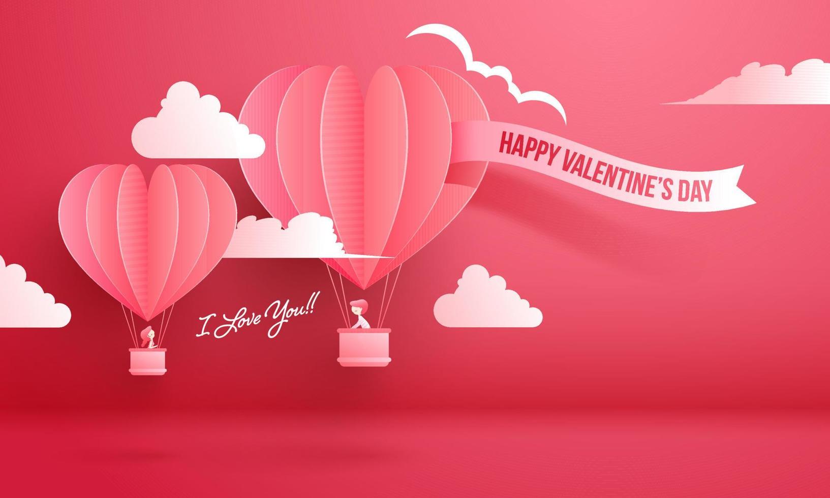 linda chico diciendo yo amor usted a su Novia volador desde caliente aire globo en papel cortar para contento San Valentín día. vector