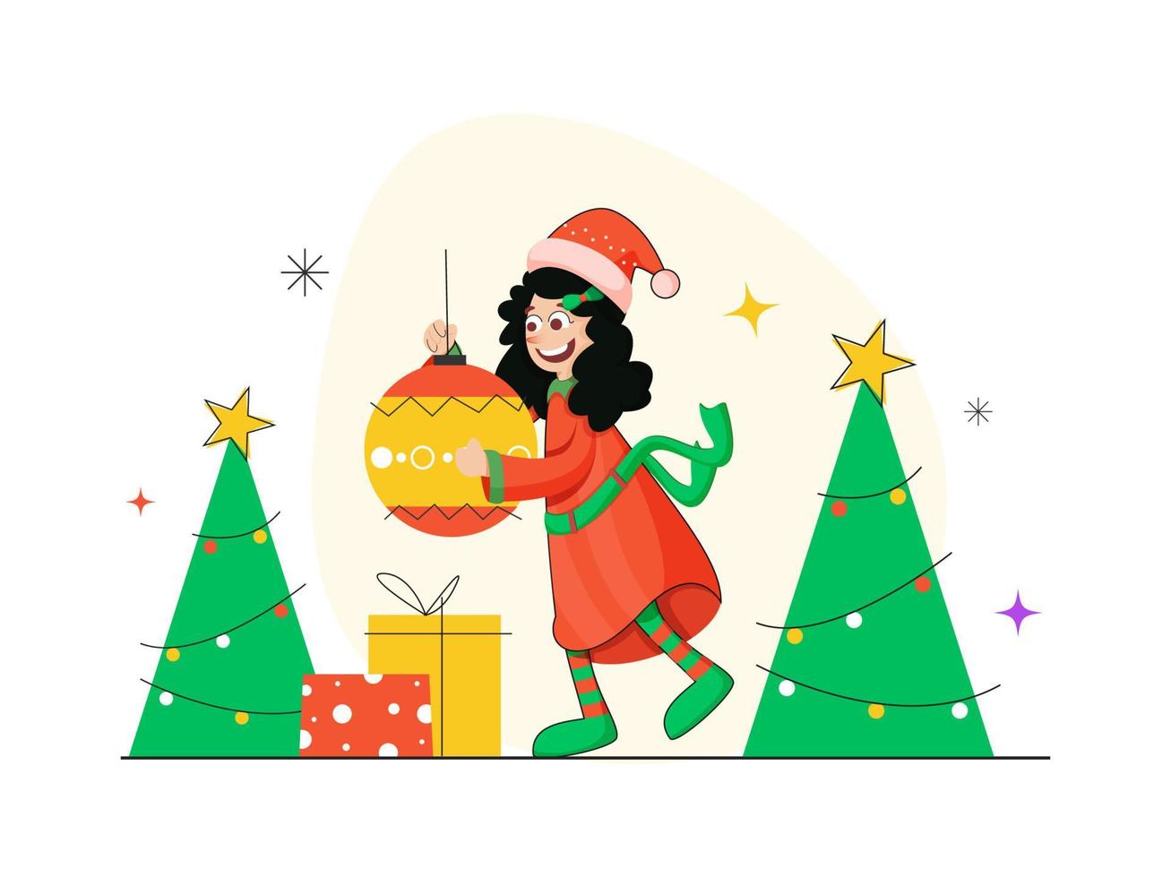 alegre niña participación chuchería con Navidad arboles y regalo cajas en blanco antecedentes. vector