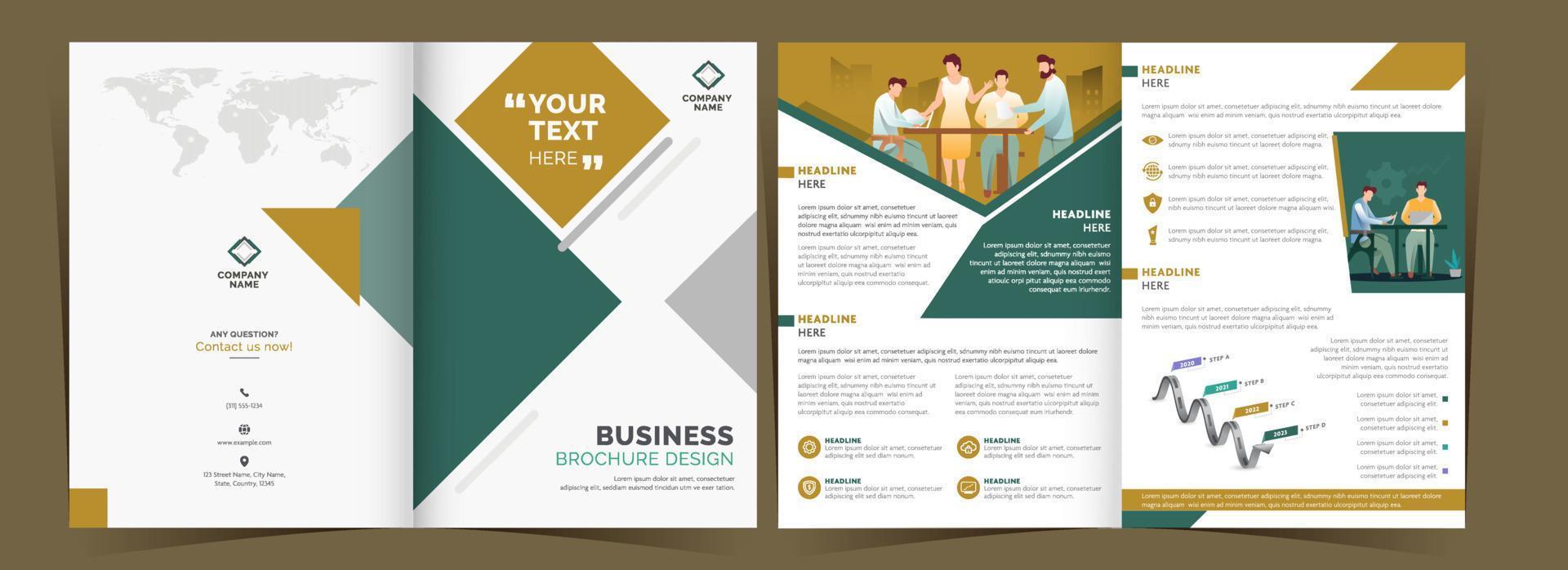 Front and Back View of Bi-Fold Brochure or Template Design with Workplace for Business Concept. vector
