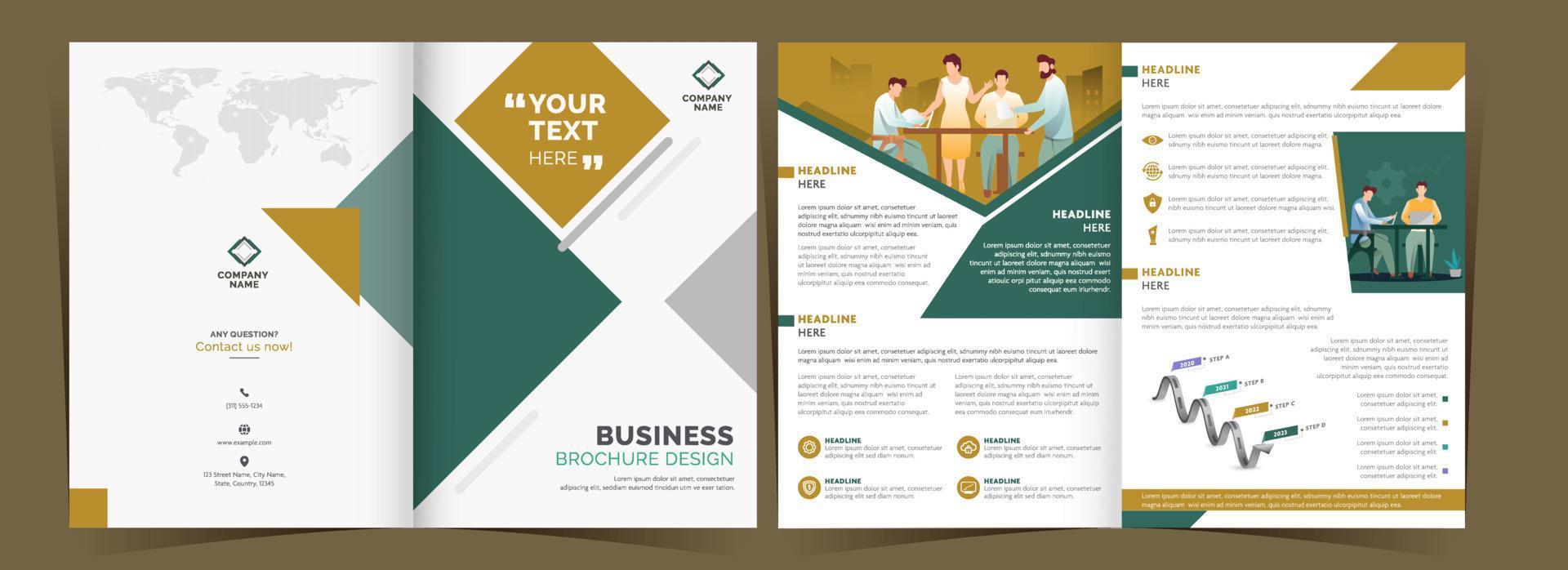 Front and Back View of Bi-Fold Brochure or Template Design with Workplace for Business Concept. vector