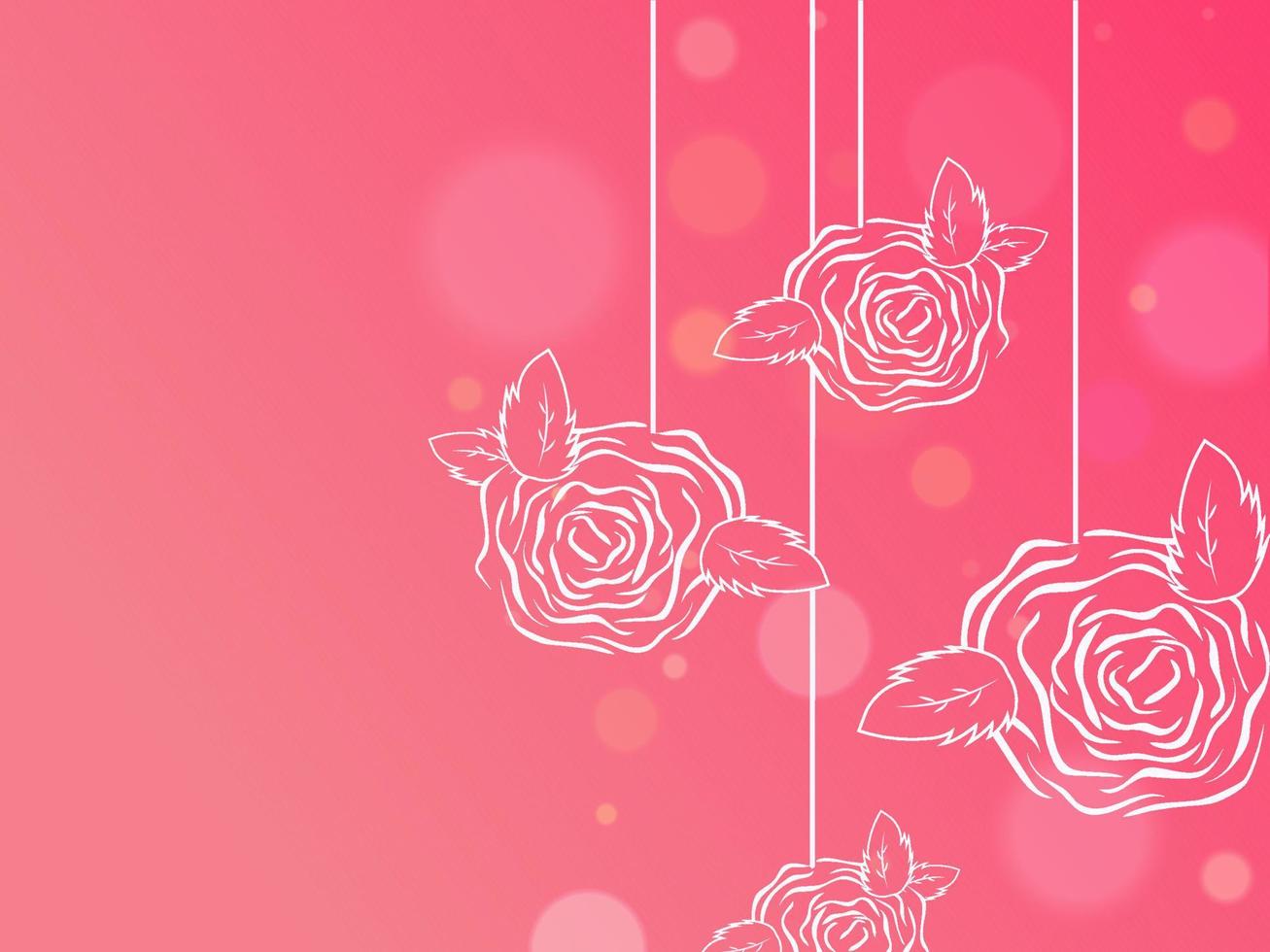 Drawing Rose Flowers Hang on Pink Bokeh Blur Background. vector