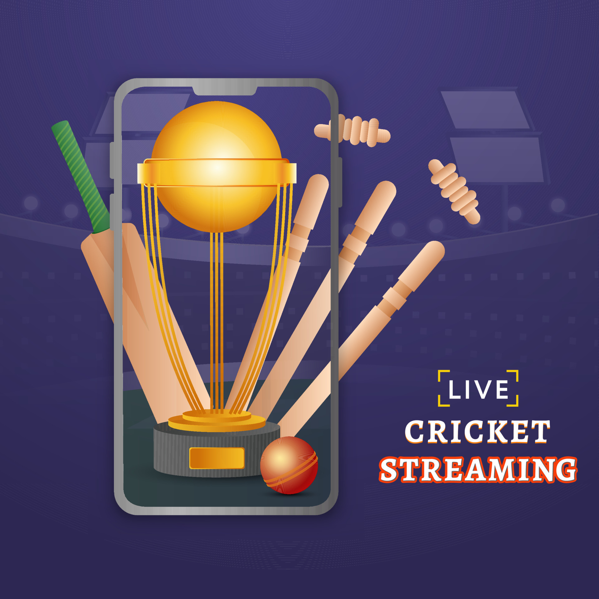 Live Cricket Streaming in Smartphone with Realistic Bat, Ball, Wicket Stumps and Golden Winning Trophy on Purple Background