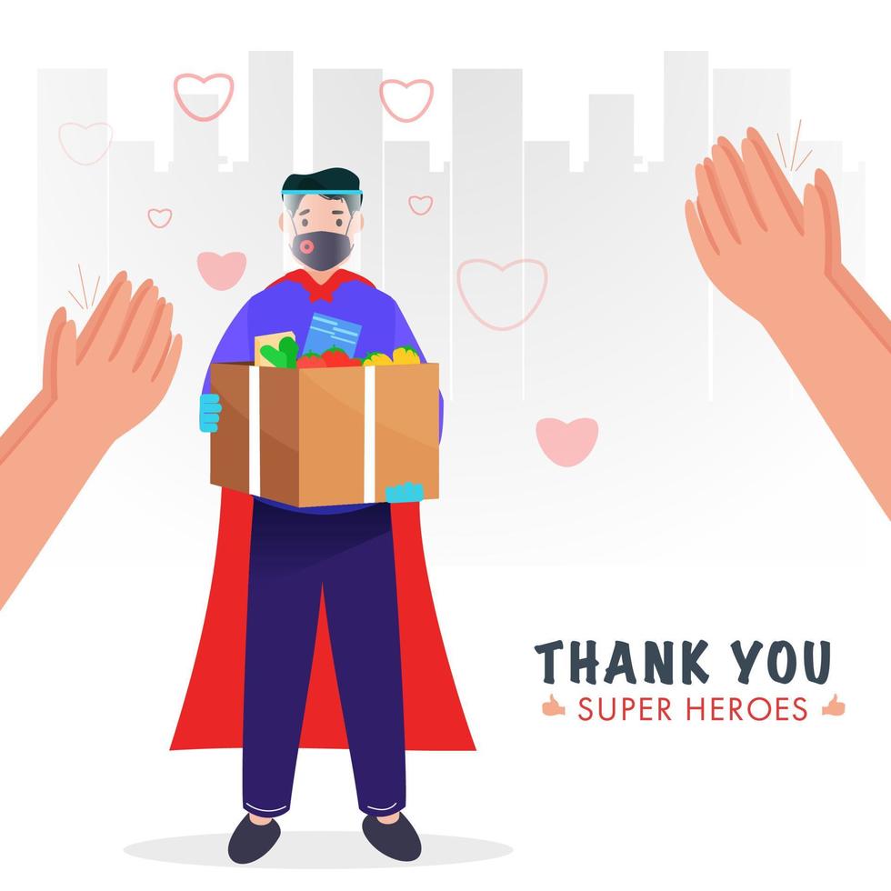 Superhero Delivery Boy wearing Protective Mask with Face Shield, Holding Grocery Box and Clapping Hands to Appreciate on White Cityscape Background. vector