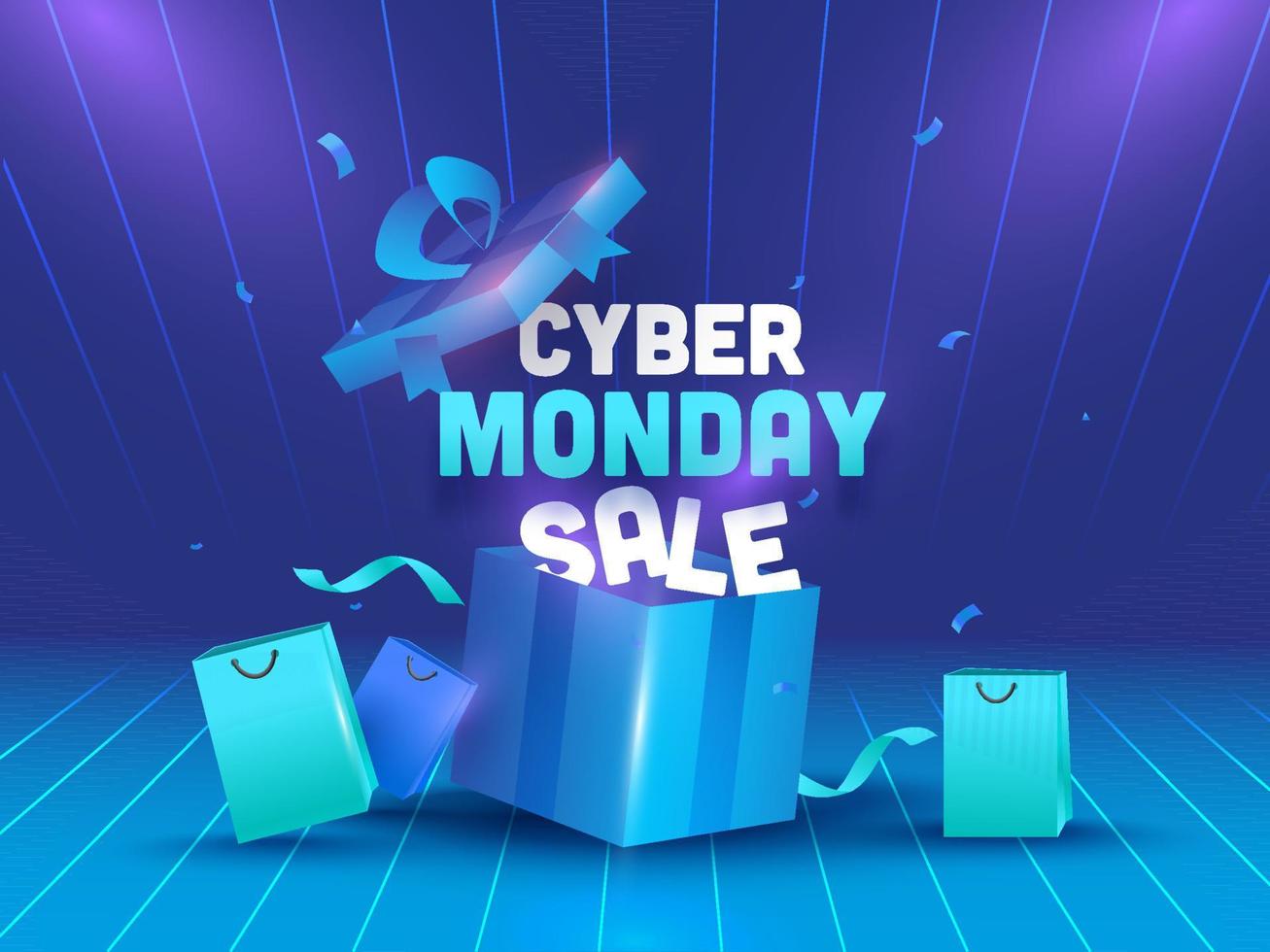 Cyber Monday Sale Text with Realistic Open Gift Box, Shopping Bags and Confetti Ribbon on Glossy Gradient Blue Strip Background. vector