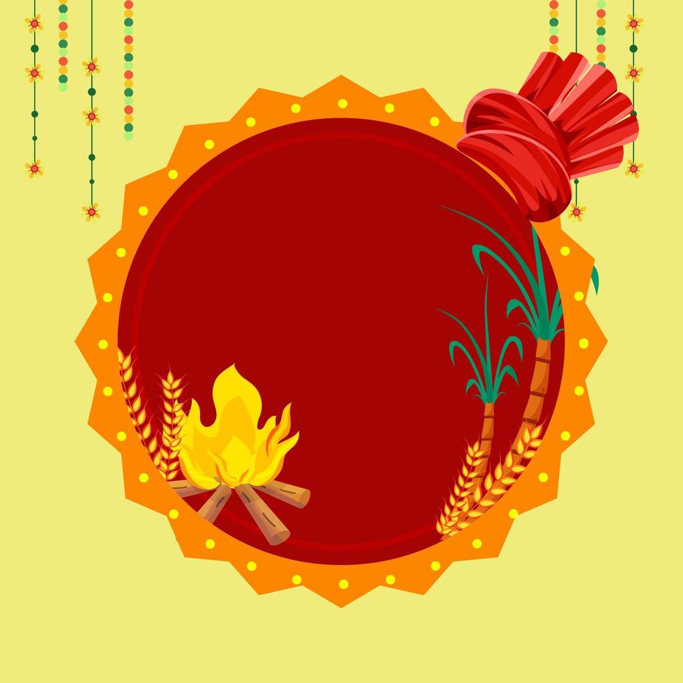 ilustración de hoguera con trigo orejas, Caña de azúcar, turbante y rojo vacío circular marco en amarillo antecedentes. vector