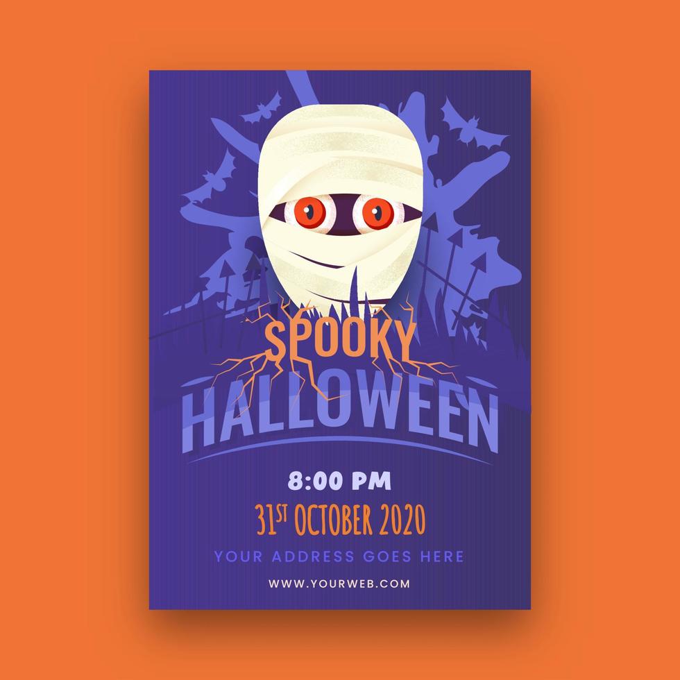 Spooky Halloween Template or Flyer Design with Mummy Face and Venue Details. vector