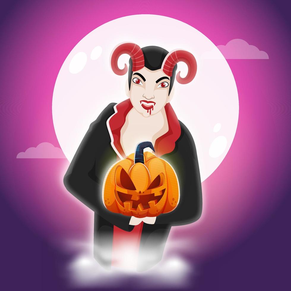 Cartoon Devil Man Character Holding a Spooky Pumpkin on Full Moon Purple Cloudy Background. vector