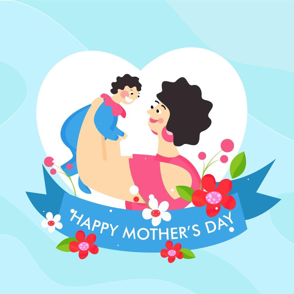 contento de la madre día póster diseño con mujer levantamiento arriba su niño y flores en blanco corazón forma y azul antecedentes. vector