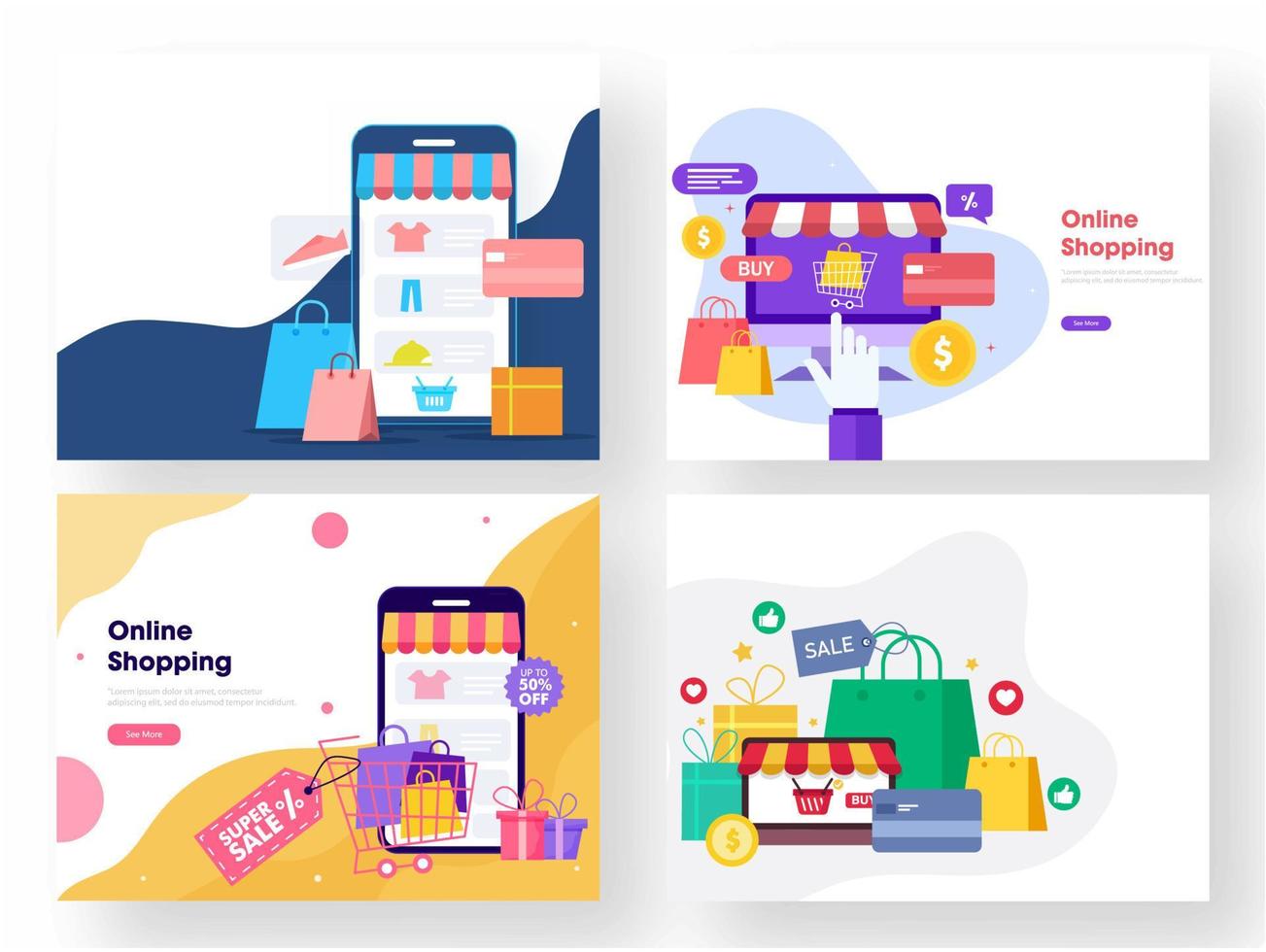 en línea compras aplicación en teléfono inteligente y escritorio, llevar bolsas, pago tarjeta, regalo cajas con rebaja etiqueta en resumen antecedentes. vector