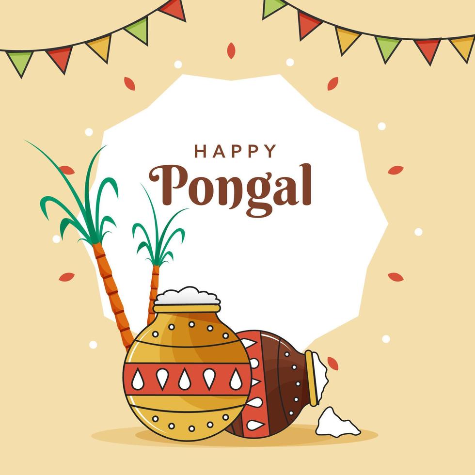Vector Illustration Of Mud Pots Full Of Traditional Dish With Sugarcane, Bunting Flag On White And Light Yellow Background For Happy Pongal.