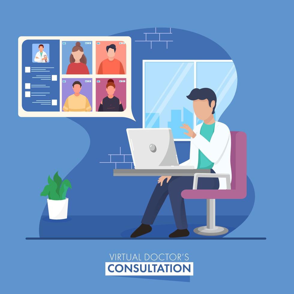 Faceless Doctor Taking Video Calling To People Or Medical Staff From Laptop For Virtual Consultation. vector