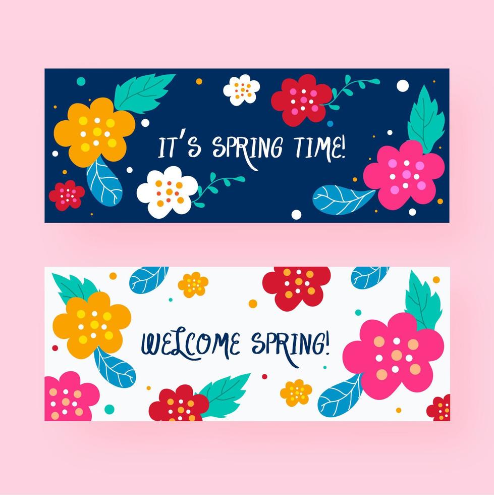 Purple and White Header or Banner Design Decorated with Colorful Flowers and Leaves for It's Springtime and Welcome Spring. vector
