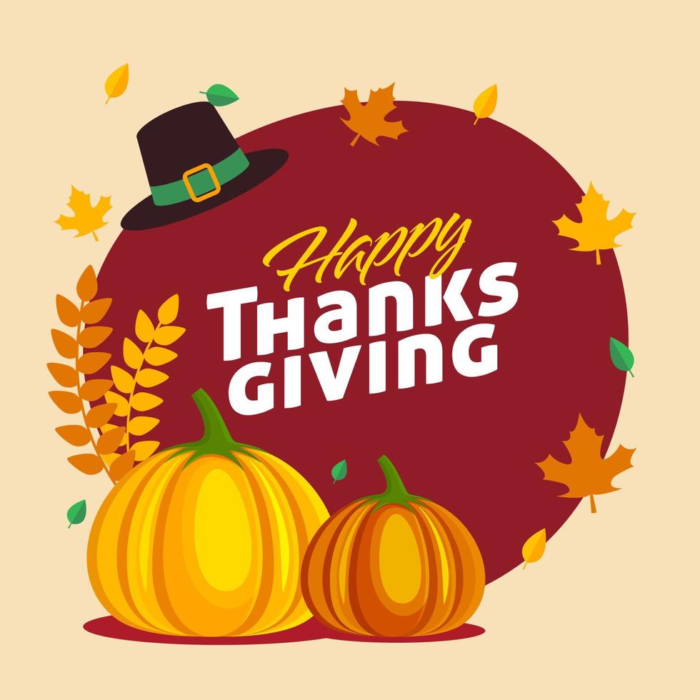 Happy Thanksgiving Poster Design with Pumpkins, Pilgrim Hat and Autumn Leaves Decorated on Red and Beige Background. vector