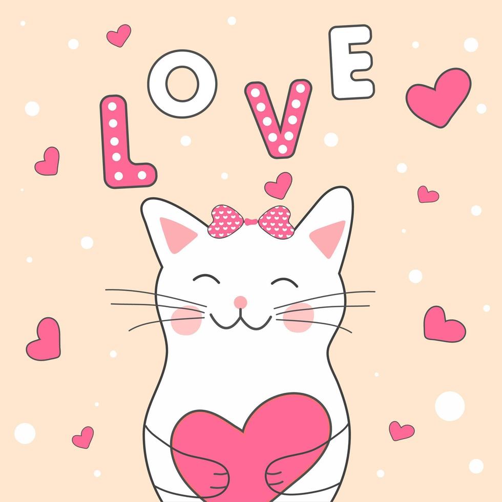 Love Text with Cartoon Cat holding Pink Heart on Light Peach Background. vector
