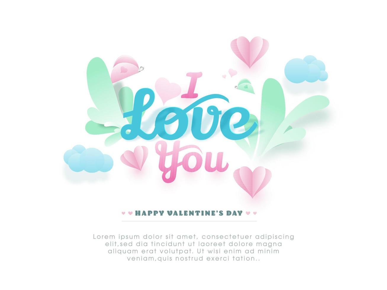 papel cortar yo amor usted texto con corazones y mariposas decorado en blanco antecedentes para contento San Valentín día. vector