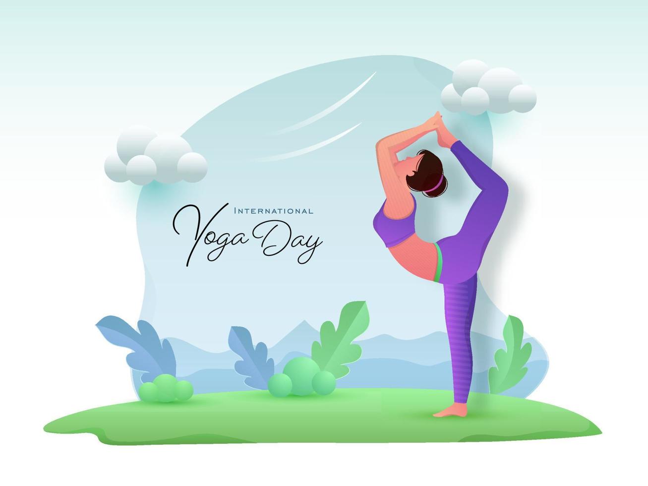 Cartoon Young Girl Practicing Natarajasana Yoga with Glossy Clouds and Leaves on Abstract Background for International Yoga Day. vector