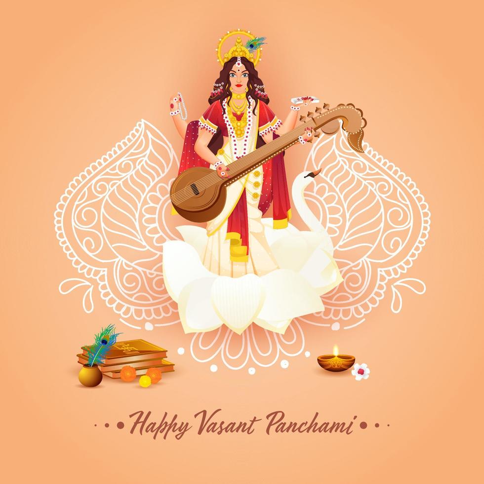 hermosa diosa saraswati escultura con religión ofrecimiento y línea Arte floral en pastel naranja antecedentes para contento vasant panchami. vector