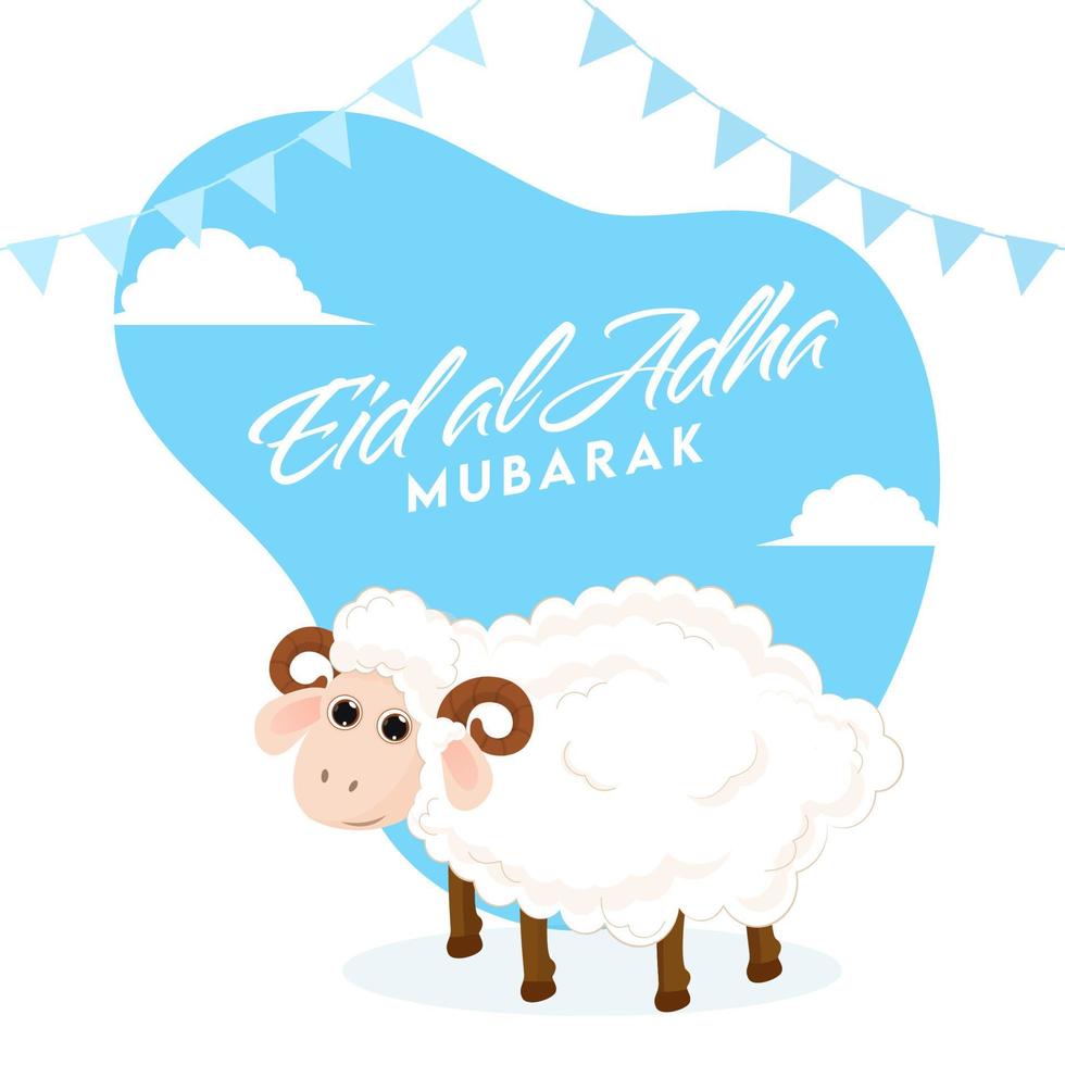 Eid Al Adha Mubarak Font with Cartoon Sheep and Bunting Flags on Abstract Blue and White Background. vector