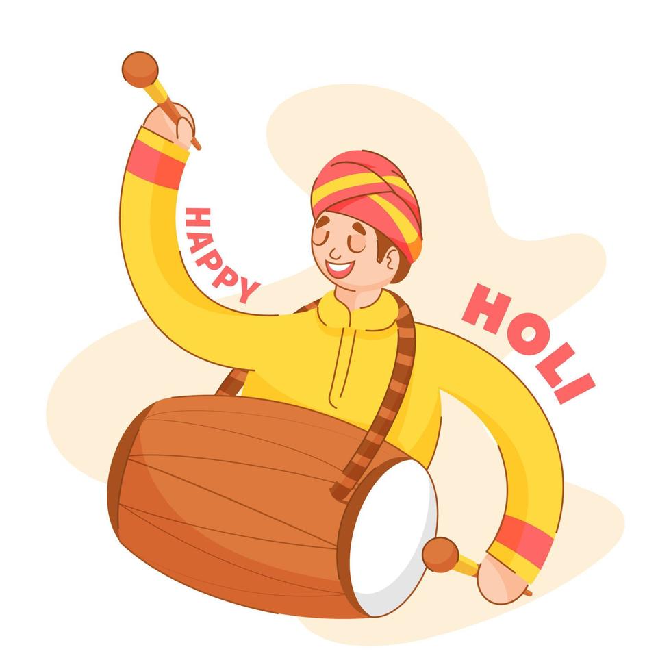Young Man Playing Dhol on White Background for Happy Holi Celebration. vector