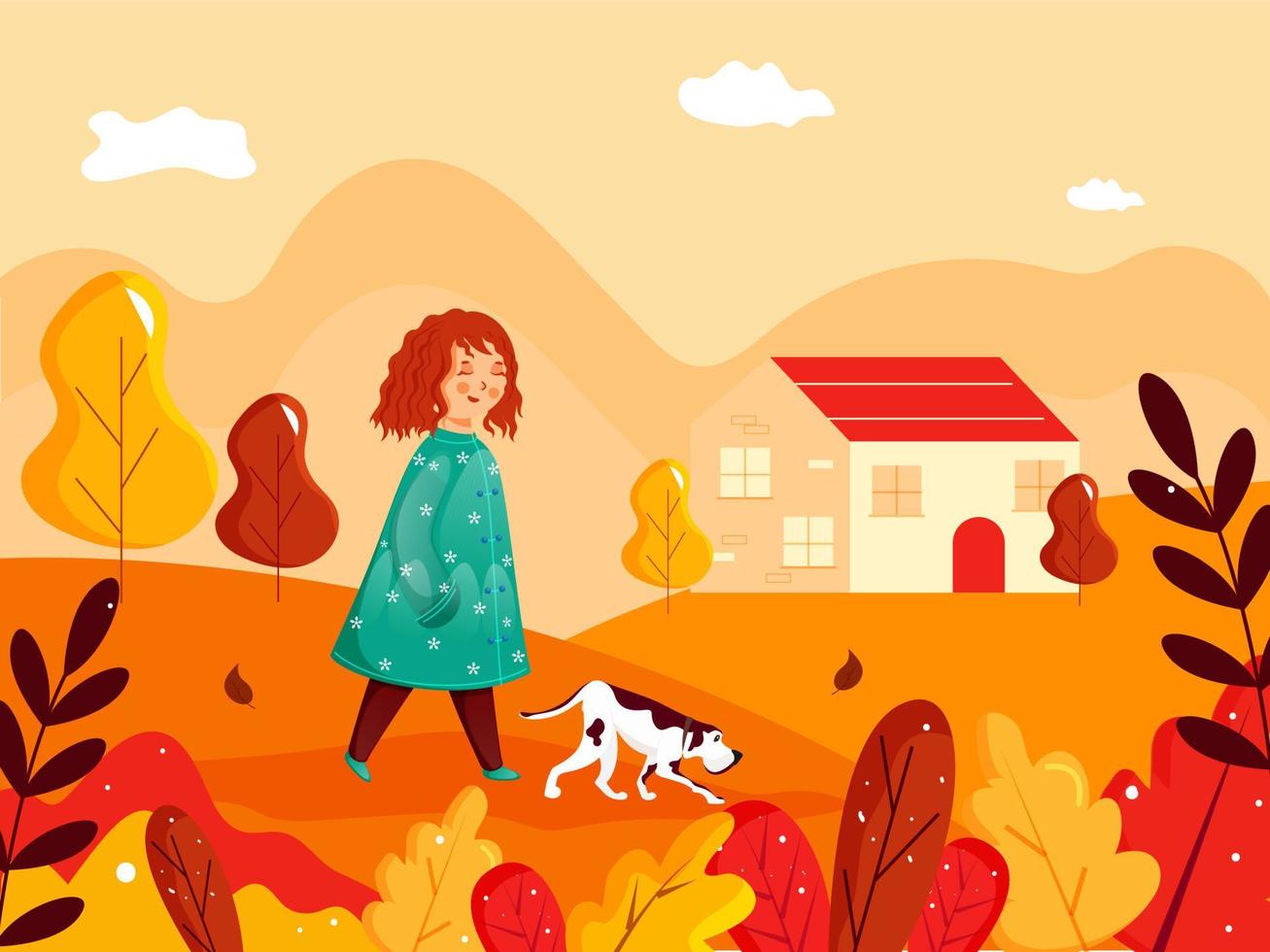 linda niña caminando con perro personaje en frente de casa en vistoso naturaleza antecedentes. vector