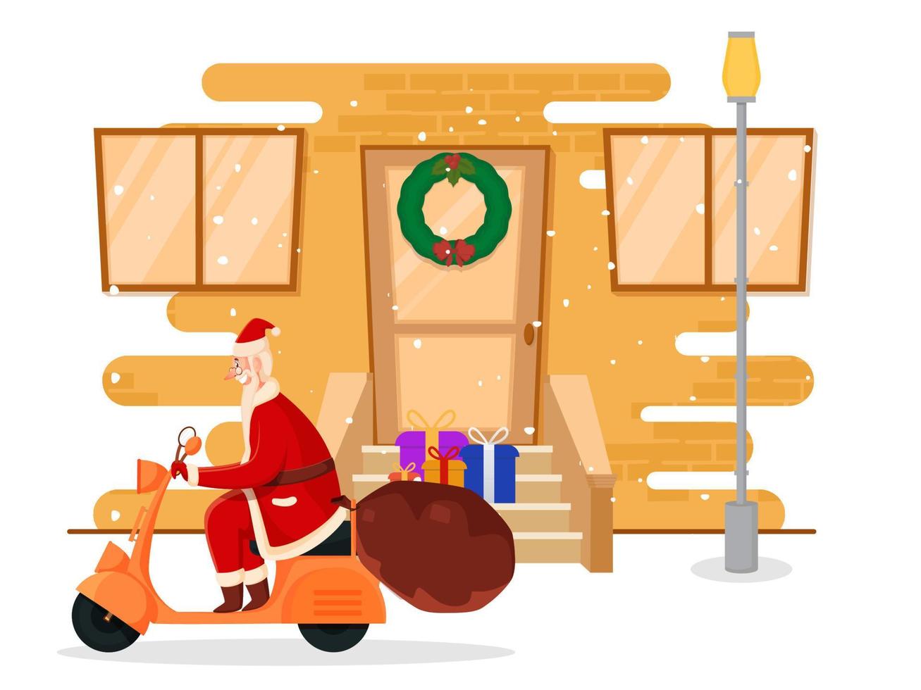 alegre Papa Noel claus montando scooter y mantener el regalo caja a puerta para alegre Navidad festival. vector