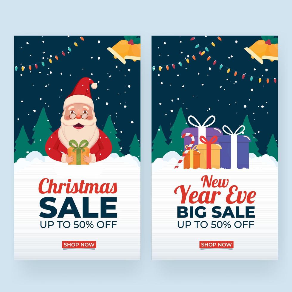 Christmas And New Year Eve Sale Template Design With 50 Discount Offer And Gift Boxes On Snowfall Background. vector